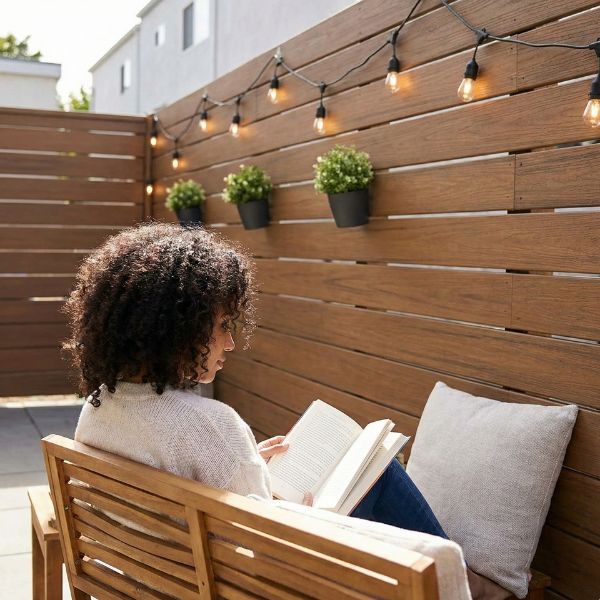 A person sits on a wooden bench reading a book on a patio adorned with string lights and potted plants, surrounded by the warmth and seclusion of a privacy fence.