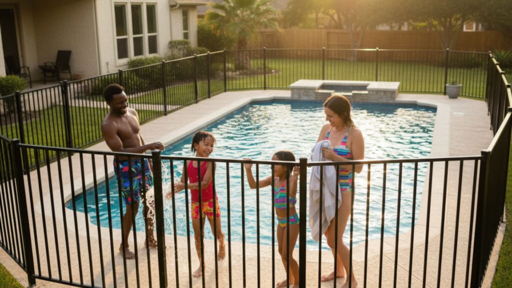 A family of four stands by a fenced backyard pool on a sunny day; two adults and two children are wearing swimsuits and smiling.