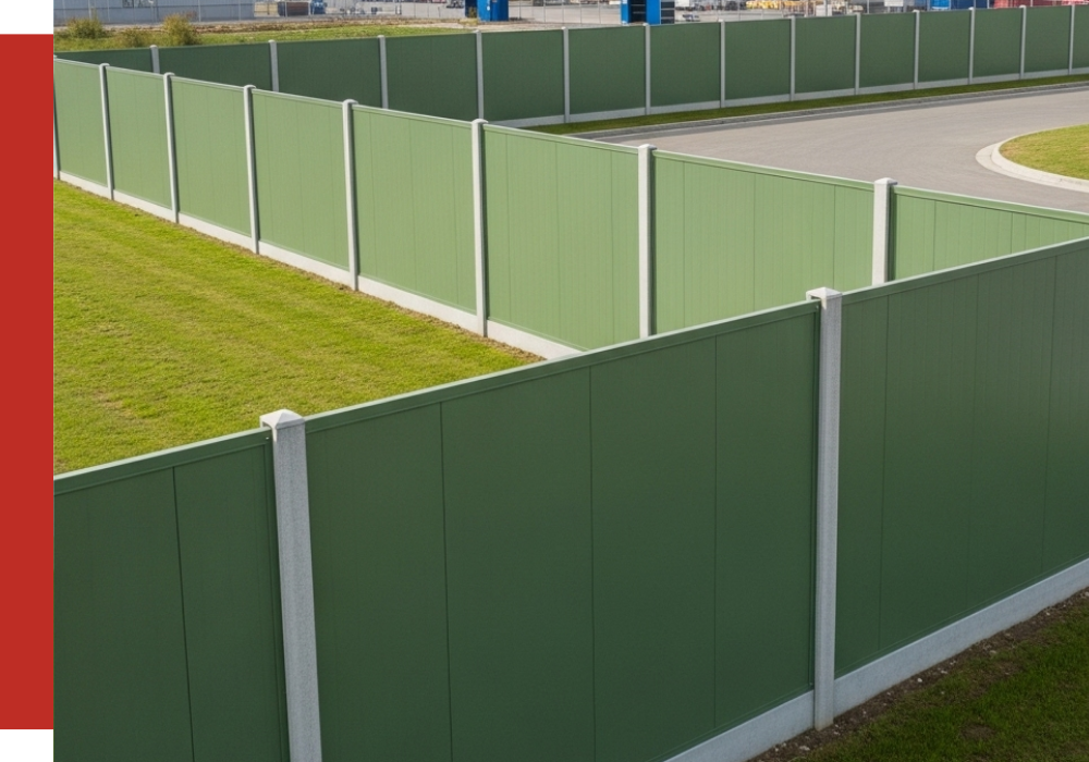 Tall green metal panel fencing lines a curved paved road and grassy area in Willowbrook, with concrete posts spaced at regular intervals.