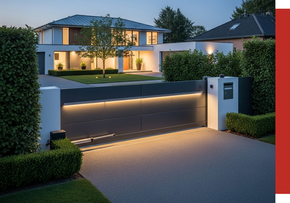 Modern two-story Willowbrook house with large windows, illuminated exterior lights, and a sleek automated gate, surrounded by trimmed hedges and a paved driveway at dusk.