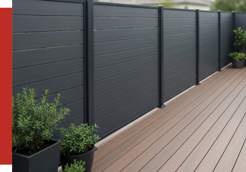A modern Willowbrook backyard features a dark horizontal slat privacy fence, light brown composite decking, and several potted green plants arranged along the fence.