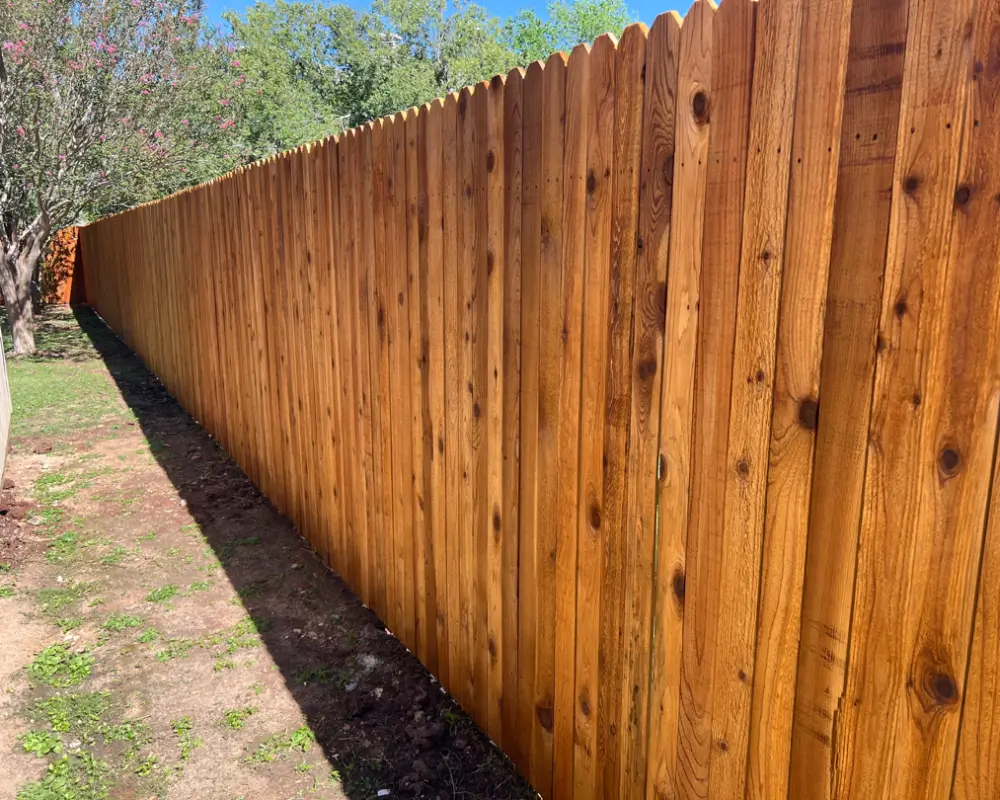 A long wooden privacy fence runs along the edge of a yard, its fresh fence staining highlighted as sunlight casts shadows on the ground.
