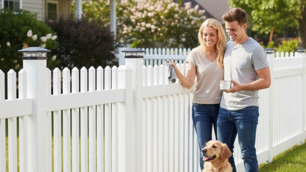 A smiling couple stands by a white picket fence, holding cleaning supplies, with a golden retriever sitting at their feet.