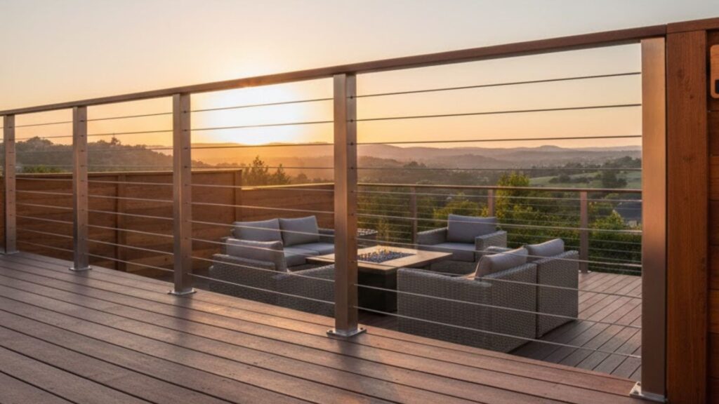 Modern outdoor patio with wicker furniture and a fire pit, surrounded by cable railing, overlooks a scenic landscape at sunset.