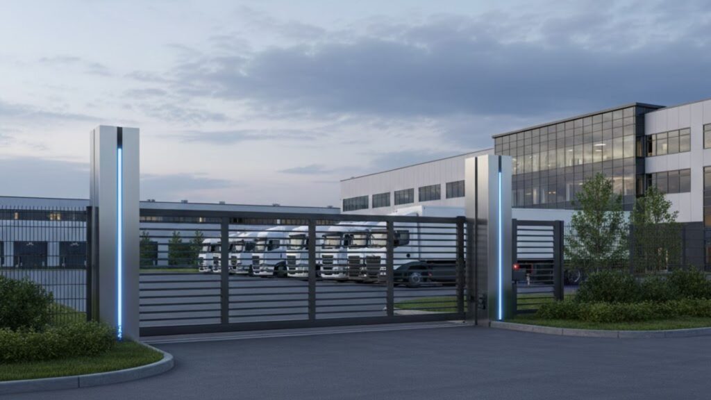 Modern automated gate in front of a commercial building with several white trucks parked inside the fenced area.