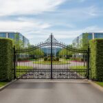 Black wrought iron gates block the entrance to a modern office complex with glass buildings, manicured hedges, and neatly landscaped grounds.