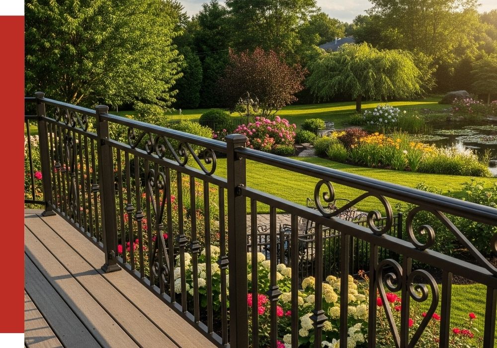 A decorative black metal railing lines a balcony overlooking a landscaped garden with blooming flowers, green grass, trees, and a small pond in the background.