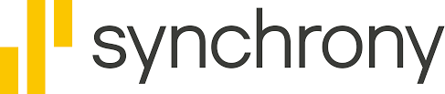 Synchrony logo with the word "synchrony" in black lowercase letters and three vertical yellow bars on the left, often associated with flexible finance options for consumers.