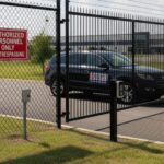A black SUV is parked behind a security gate with a sign that reads "Authorized Personnel Only - No Trespassing" at an industrial facility.