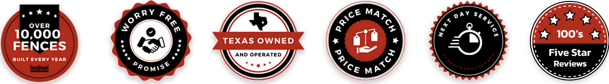 Six round achievement badges highlighting 10,000 fences built yearly, worry-free promise, Texas ownership, price match, no deposit, and 100% five-star reviews.