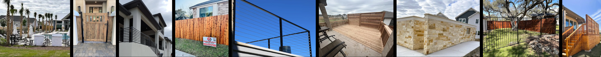 A collage of various residential fences and gates, including wood, metal, cable, stone, and composite designs in different outdoor settings.