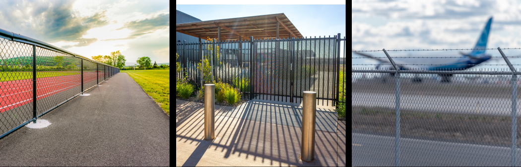 Three types of fences: a chain-link fence along a running track, a metal security fence with bollards, and a barbed-wire fence with a blurred airplane in the background.