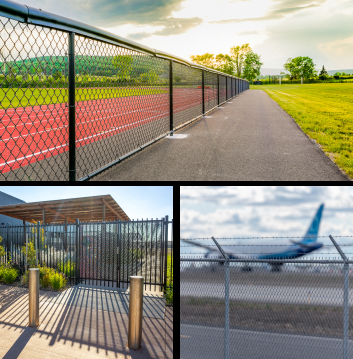 Three images of fences: a chain-link fence by a running track, a metal fence with bollards, and a wire fence with an airplane blurred in the background.