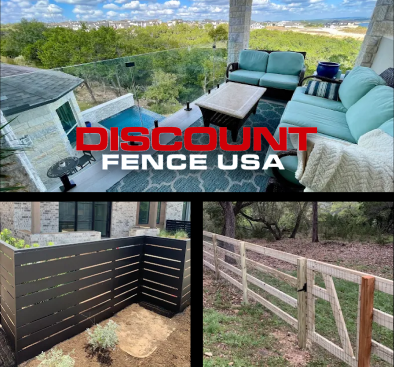 A collage showing a patio with glass railing, a modern black privacy fence, and a traditional wooden fence, with "DISCOUNT FENCE USA" text overlay.