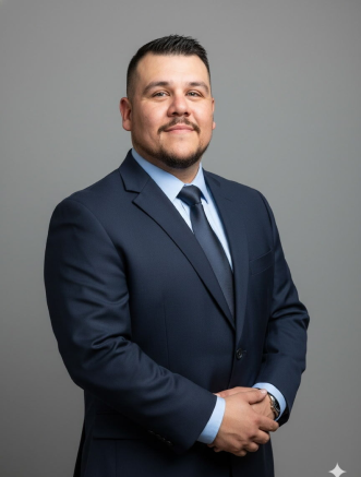 A man in a navy suit and tie stands against a plain gray background, facing the camera with hands clasped in front of him.