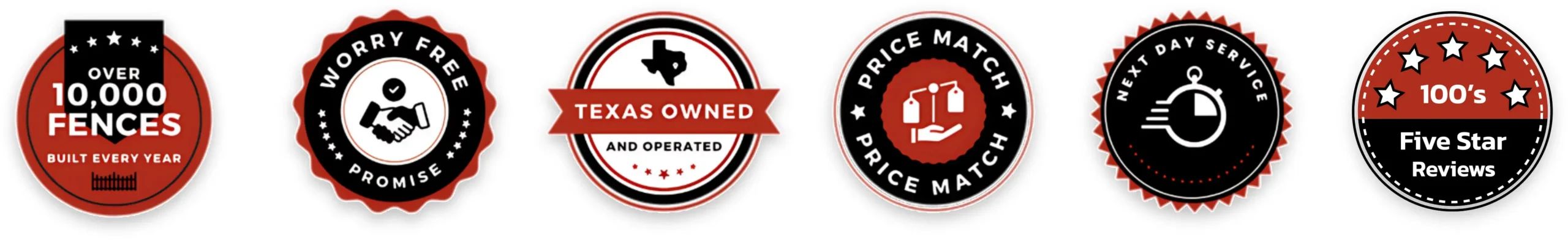 Six circular badges highlight achievements including over 10,000 fences built yearly, worry-free promise, Texas ownership, price match, next-day service, and 100+ five-star reviews.